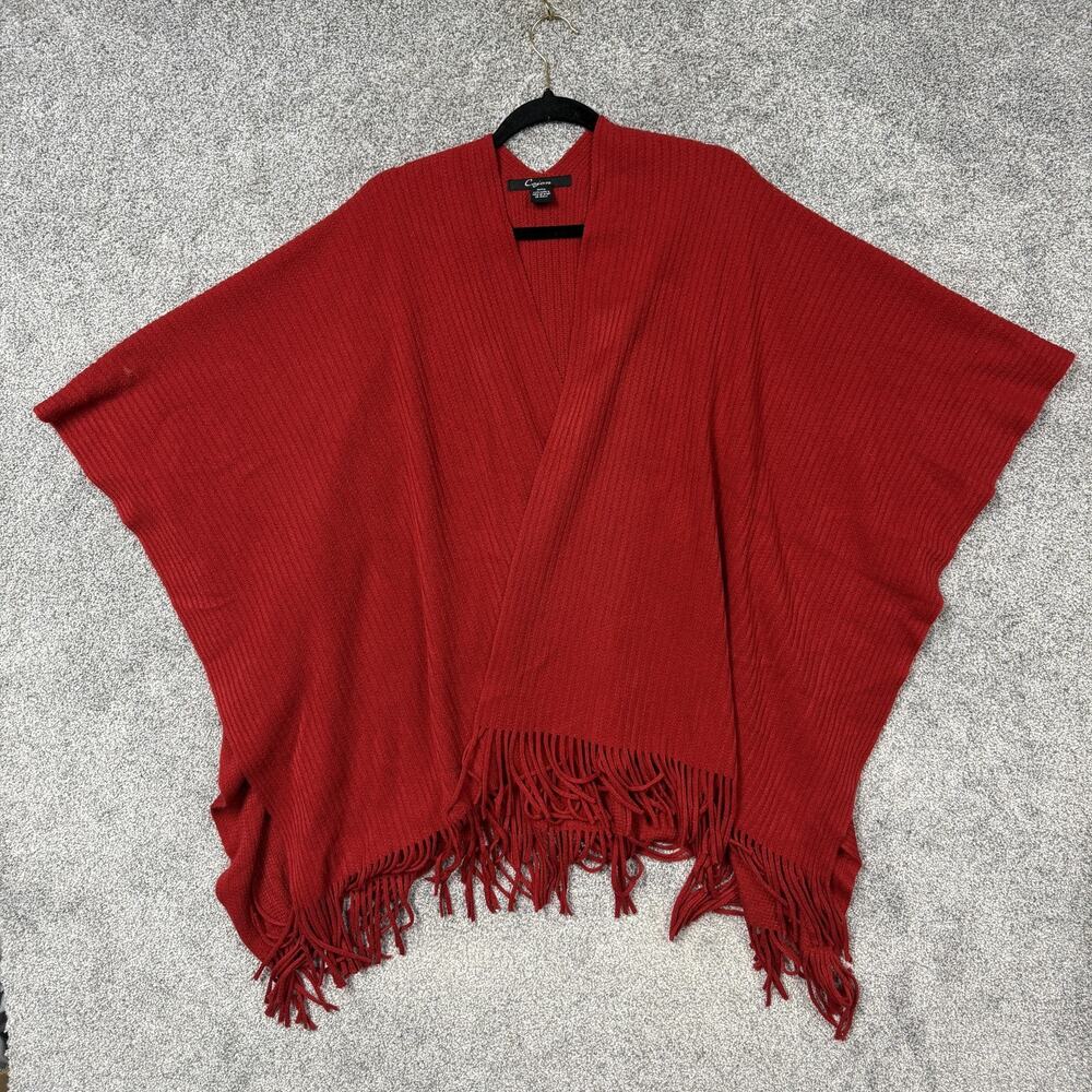 Cejon Cape Sweater One Size Red Open Front VNeck Fringe Knit Boho Cozy Cabincore